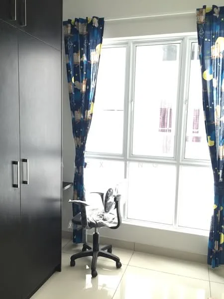 Room features: black wardrobe with sliding doors, floor-to-ceiling windows, sheer curtains with colorful pattern, office chair with wheels, glossy tile flooring, white walls, desk space visible; style: modern.