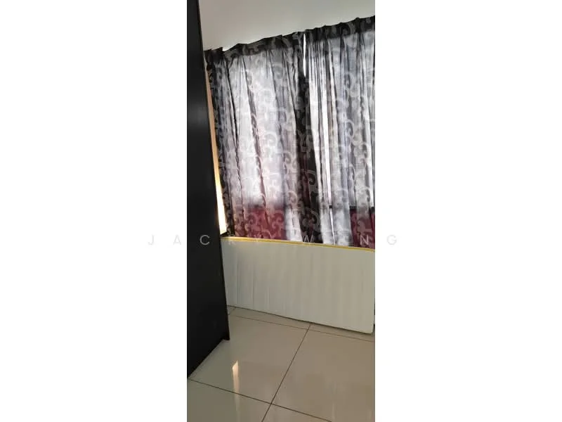 Room features: floor-to-ceiling windows, blackout curtains, white wall, glossy tile flooring, radiator heating unit.