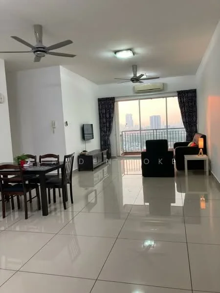 Living features: large floor-to-ceiling windows, sliding glass door, grey curtains, white painted walls, polished ceramic tile flooring, 5-blade ceiling fan, recessed LED downlights, black sofa, coffee table, TV console, wall-mounted TV, dining table with chairs; style: modern; view: city.