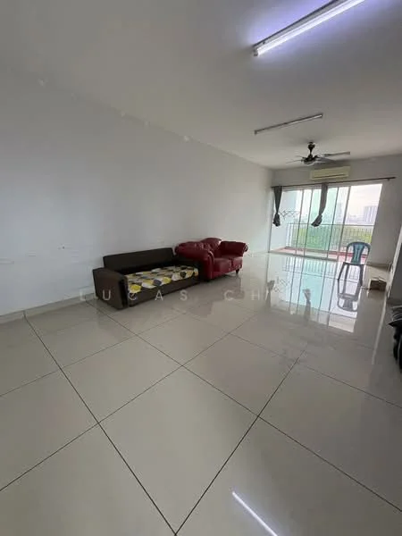 Living features: white painted walls, glossy ceramic tile flooring, 5-blade ceiling fan, large sliding glass door, floor-to-ceiling windows, red leather sofa, brown fabric sofa, green plastic chair; style: modern; view: garden.