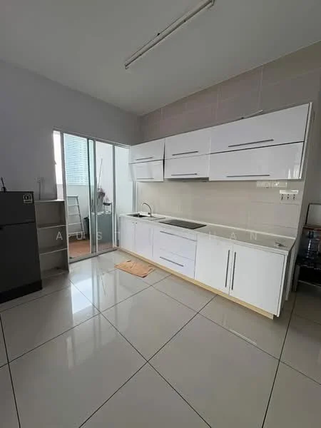 Kitchen features: white cabinetry with flat-panel doors, stainless-steel sink, chrome pull-down faucet, grey tiled backsplash, white countertop, built-in kitchen appliances, ceramic tile flooring, floor-to-ceiling windows, sliding glass door, recessed ceiling lights; style: modern.