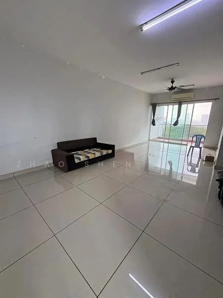 Living features: large floor-to-ceiling windows, sliding glass door, white painted walls, polished ceramic tile flooring, 5-blade ceiling fan, sofa in dark brown, decorative cushions, glass balcony railing, natural light from windows, minimalist decor; style: modern; view: garden.