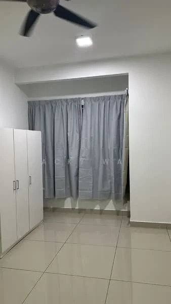 Room features: white painted walls, grey curtains, tile flooring, ceiling fan, built-in wardrobe with white finish, recessed lighting; style: modern.