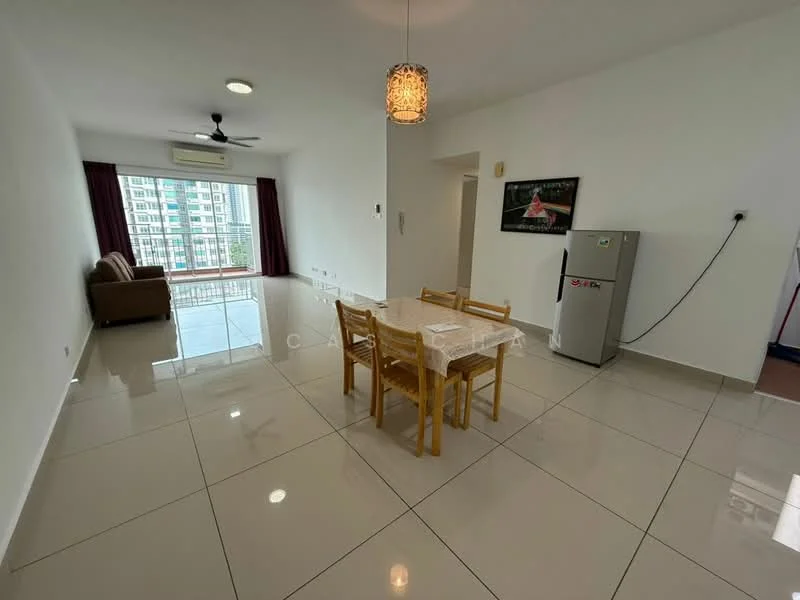 Living features: white painted walls, glossy ceramic tile flooring, 5-blade ceiling fan with light, floor-to-ceiling windows, curtains in dark red, sofa in brown fabric, dining table with 4 wooden chairs, stainless-steel fridge, wall-mounted artwork, air conditioning unit; style: modern; view: city.