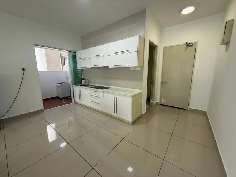 Kitchen features: white cabinetry with flat-panel doors, stainless-steel sink, chrome pull-down faucet, ceramic tile backsplash, white tiled walls, cream tiled flooring, built-in countertop, recessed downlights, window with green shutters, door leading to outdoor area, space for refrigerator, laundry area visible; style: modern.