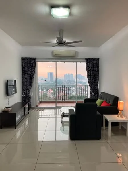 Living features: 3-seater fabric sofa in dark green, 2-seater fabric sofa in black, coffee table, TV console, wall-mounted TV, area rug, floor-to-ceiling windows, sliding glass door, curtains with geometric pattern, ceiling fan with light, wall-mounted air conditioning unit, white painted walls, glossy tile flooring; style: modern; view: city.