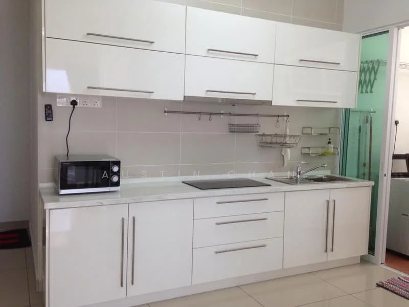 Kitchen features: white glossy cabinetry, stainless-steel sink, chrome pull-down faucet, white marble countertop, built-in microwave, ceramic tile backsplash, recessed downlights, sliding glass door, open shelving, wall-mounted dish rack, tile flooring, glass panel for shower area; style: modern.