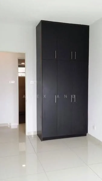 Room features: black built-in wardrobe with multiple doors, white painted walls, glossy ceramic tile flooring, neutral ceiling, doorway leading to another room; style: modern.