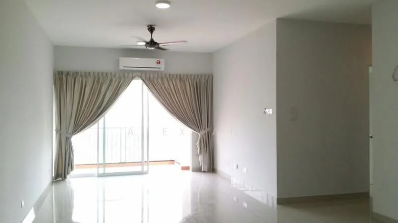 Living features: white painted walls, marble flooring, 5-blade ceiling fan with light, floor-to-ceiling windows, sliding glass door, sheer curtains, recessed downlights; style: modern.