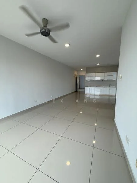 Living features: white painted walls, glossy ceramic tile flooring, 5-blade ceiling fan with light, recessed LED downlights, open layout, large windows, neutral color scheme, no visible furniture; style: modern.