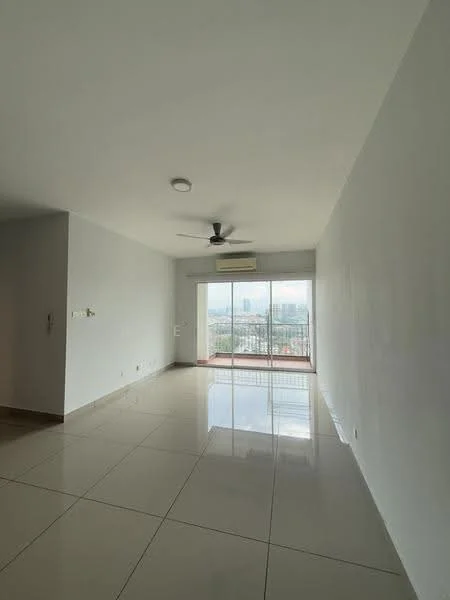Living features: white painted walls, glossy ceramic tile flooring, 5-blade ceiling fan, floor-to-ceiling windows, sliding glass door, city view, air conditioning unit, neutral color scheme; style: modern; view: city.