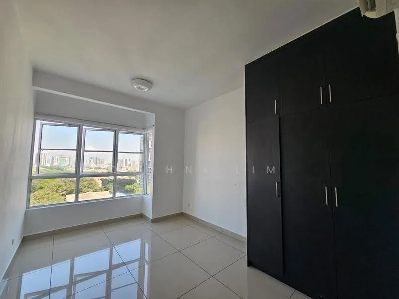Room features: white painted walls, glossy ceramic tile flooring, floor-to-ceiling windows, black built-in wardrobe, single ceiling light fixture, city view from window; style: modern; view: city.