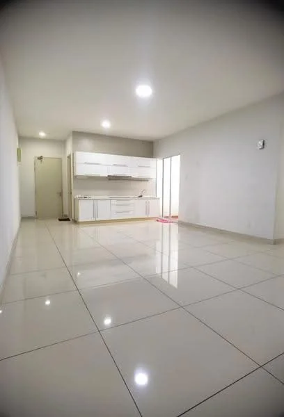 Living features: white painted walls, glossy ceramic tile flooring, recessed LED downlights, built-in white cabinetry, kitchen countertop, sliding glass door, floor-to-ceiling windows, open layout; style: modern.