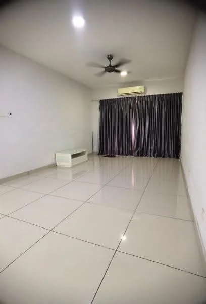 Living features: white painted walls, glossy ceramic tile flooring, 5-blade ceiling fan with light, floor-to-ceiling windows with grey curtains, wall-mounted air conditioning unit, white TV console, neutral color scheme, spacious layout; style: modern.