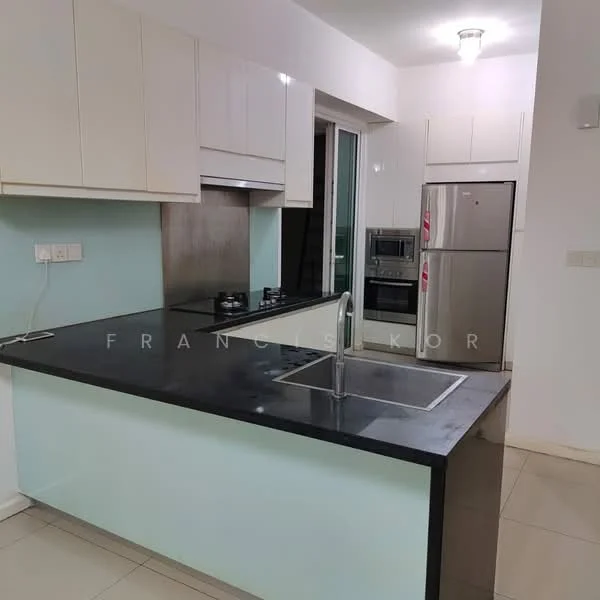 Kitchen features: white flat-panel cabinets, black countertop, stainless-steel sink, chrome pull-down faucet, built-in oven, freestanding fridge, 2-burner gas hob, tile flooring, recessed downlights, glass backsplash, open layout, window with view, kitchen island; style: modern.