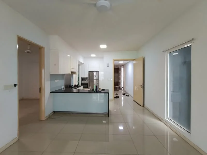 Kitchen features: white cabinetry, black countertop, stainless-steel fridge, built-in oven, freestanding range oven, single-bowl stainless-steel sink, chrome pull-down faucet, tile flooring, recessed downlights, ceiling fan, open layout, island with seating, glass sliding door, wall-mounted cabinets; style: modern. Room features: light-colored walls, tile flooring, doorway leading to another room, open space.