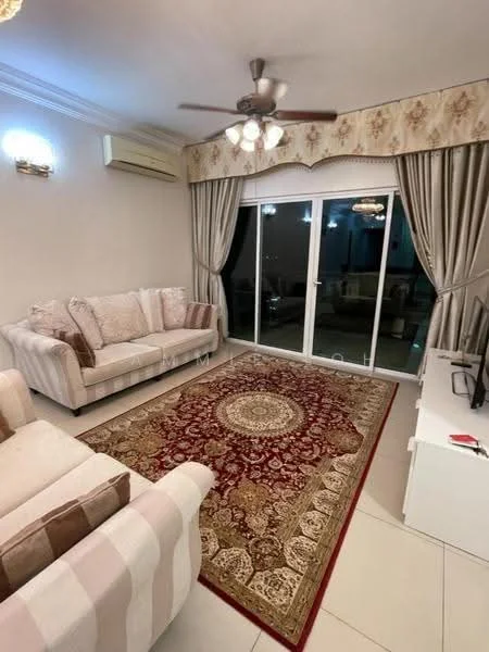Living features: 3-seater fabric sofa in cream, 2-seater fabric sofa in cream with brown stripes, area rug with intricate pattern, ceiling fan with 5 blades and light, floor-to-ceiling sliding glass door, curtains with floral pattern, wall-mounted TV console in white, decorative wall sconces, neutral painted walls, tile flooring; style: modern.