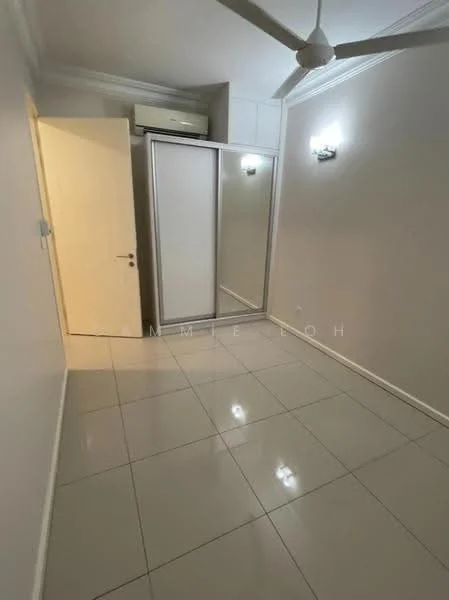 Room features: white painted walls, glossy tile flooring, ceiling fan, built-in wardrobe with sliding doors, recessed lighting, air conditioning unit; style: modern.