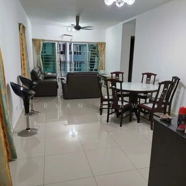 Living features: 3-seater fabric sofa in grey, 2-seater leather sofa, round dining table, 4 dining chairs, ceiling fan, floor-to-ceiling windows, curtains in yellow and green, polished ceramic tile flooring, wall-mounted TV, coffee table, decorative items on side table; style: modern; view: city.