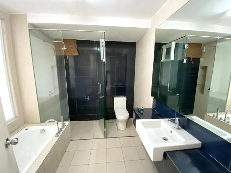 Bathroom features: walk-in shower with glass enclosure, bathtub, white ceramic toilet, single-sink vanity with integrated basin, chrome basin mixer faucet, large wall mirror, dark tiled walls, light tiled flooring, window for natural light, recessed lighting; style: modern.