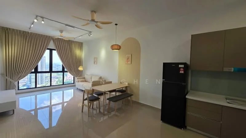 Living features: floor-to-ceiling windows, grey fabric sofa, 2-seater sofa, wooden dining table for 4, 4 wooden dining chairs, recessed downlights, ceiling fan with light, light wood cabinetry, stainless-steel fridge, white countertop, cream painted walls, glossy tile flooring, curtains with sheer fabric, decorative wall art; style: modern; view: city.