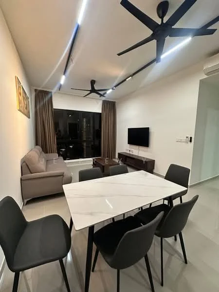 Living features: 3-seater fabric sofa in grey, marble dining table, 4 dining chairs, wall-mounted TV, TV console in dark wood, floor-to-ceiling windows, sheer curtains, recessed LED downlights, 2 ceiling fans with light, light-coloured walls, glossy tile flooring; style: modern; view: city.
