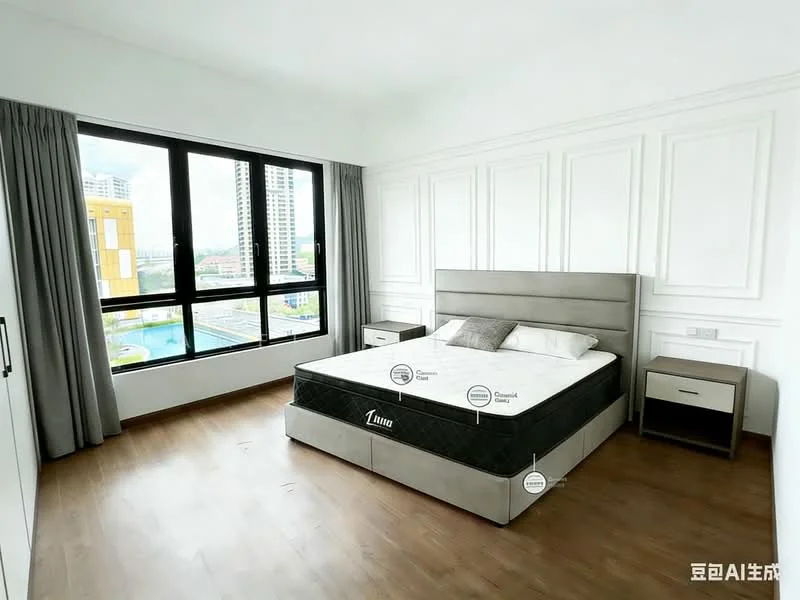 Bedroom features: queen-size bed, upholstered headboard, two bedside tables, floor-to-ceiling windows, grey curtains, wooden flooring, white painted walls with paneling, city view; style: modern; view: city.