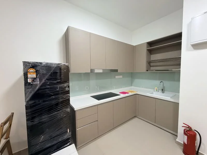 Kitchen features: light brown cabinetry, white countertop, stainless-steel sink, chrome pull-down faucet, glass backsplash, built-in oven, induction cooktop, refrigerator wrapped in plastic, open shelving, fire extinguisher, wall-mounted AC unit; style: modern.