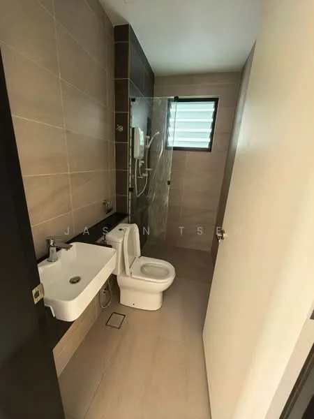 Bathroom features: wall-mounted sink, single-sink vanity, chrome basin mixer, one-piece toilet, walk-in shower with glass enclosure, rain shower head, tile cladding on walls, ceramic tile flooring, window with louvered design, neutral color scheme; style: modern.