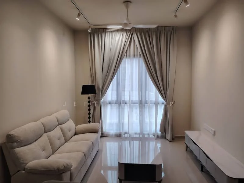 Living features: 3-seater fabric sofa in light grey, coffee table, floor lamp with black shade, white TV console, floor-to-ceiling windows, sheer curtains, recessed downlights, polished tile flooring, ceiling fan; style: modern.