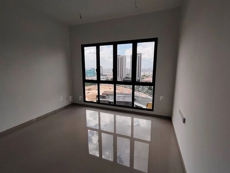 Room features: large floor-to-ceiling windows, grey tiled flooring, white painted walls, city skyline view, natural light, minimalist design, no visible furniture, smooth ceiling; style: modern; view: city.
