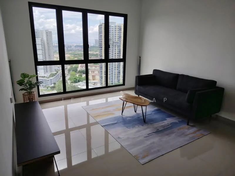 Living features: black fabric sofa, wooden coffee table, area rug with abstract pattern, floor-to-ceiling windows, city view, glossy tile flooring, minimalist decor, indoor plant in ceramic pot, wall-mounted TV console; style: modern; view: city.
