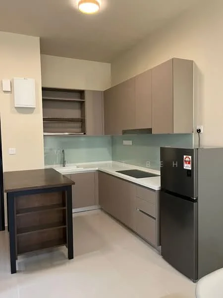 Kitchen features: light grey cabinetry, white countertop, glass backsplash, built-in oven, 4-burner induction hob, stainless-steel fridge, single-bowl stainless-steel sink, chrome pull-down faucet, open shelving, pendant light, tile flooring, wall-mounted extractor hood; style: modern.