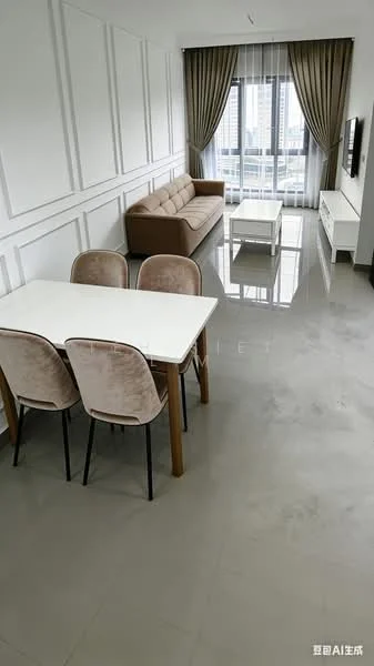 Living features: 3-seater fabric sofa in beige, white coffee table, TV console, wall-mounted TV, floor-to-ceiling windows, sheer curtains, grey polished tile flooring, decorative wall paneling, area rug, dining table with 4 upholstered chairs; style: modern; view: city.