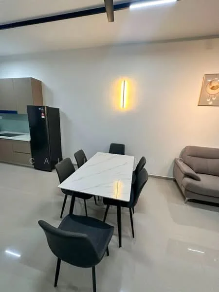 Dining features: marble dining table, 6-seater dining table, black upholstered dining chairs, grey fabric sofa, refrigerator, kitchen cabinetry, white painted walls, recessed lighting, polished tile flooring; style: modern.
