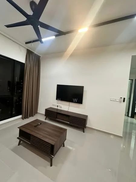 Living features: 5-blade ceiling fan with integrated LED light, wall-mounted TV, wooden TV console, coffee table, floor-to-ceiling windows, curtains, grey tiled flooring, white painted walls; style: modern; view: city.