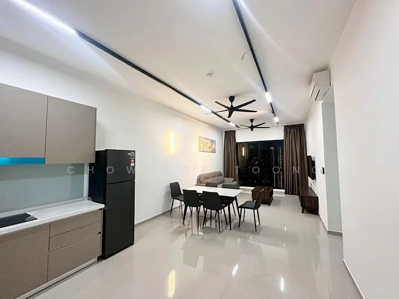 Kitchen features: light grey cabinetry, white countertop, stainless-steel fridge, built-in oven, ceramic tile flooring, recessed LED downlights; style: modern. Living features: 3-seater fabric sofa in grey, 6-seater dining table, black dining chairs, TV console, wall-mounted TV, ceiling fan, large windows with curtains, polished tile flooring; style: modern; view: city.