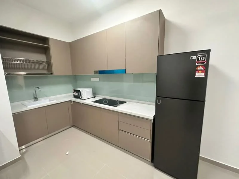 Kitchen features: single-bowl stainless-steel sink, chrome pull-down faucet, black refrigerator, built-in oven, microwave, white quartz countertop, glass backsplash, flat-panel cabinetry in beige, open shelving, ceramic tile flooring, recessed downlights; style: modern.
