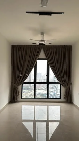 Room features: floor-to-ceiling windows, curtains in beige, 5-blade ceiling fan with light, white painted walls, polished tile flooring, city view, recessed ceiling lights; style: modern; view: city.
