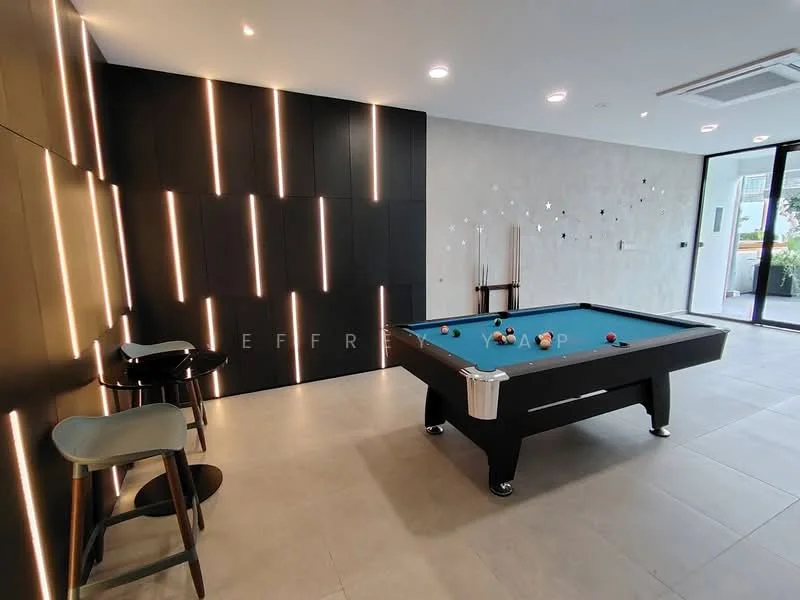Room features: pool table, black wooden frame, blue felt surface, bar stools, black wall with vertical lighting, light grey tile flooring, large glass sliding door, indoor plants visible, recessed ceiling lights, air conditioning unit; style: modern; view: garden.