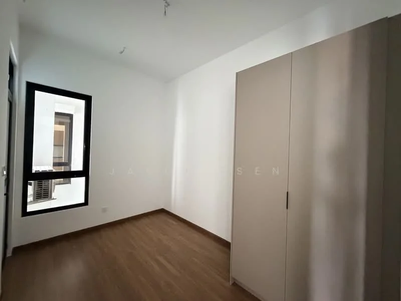Bedroom features: light wood laminate flooring, white painted walls, built-in wardrobe with sliding doors, large window with black frame, ceiling light fixture; style: modern.