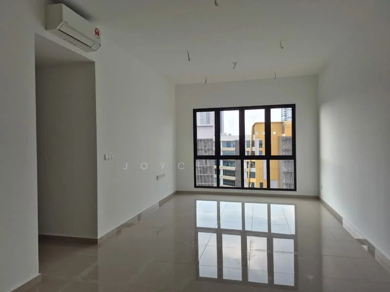 Room features: white painted walls, polished ceramic tile flooring, floor-to-ceiling windows, 1 wall-mounted split AC, recessed ceiling lights; style: modern; view: city.