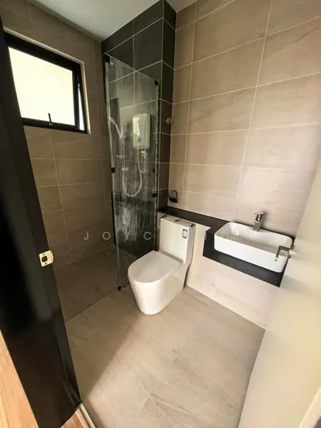 Bathroom features: grey tiled walls, light beige tiled flooring, walk-in shower with glass enclosure, rain shower head, handheld shower, toilet, wall-mounted sink, chrome basin mixer, window for natural light; style: modern.
