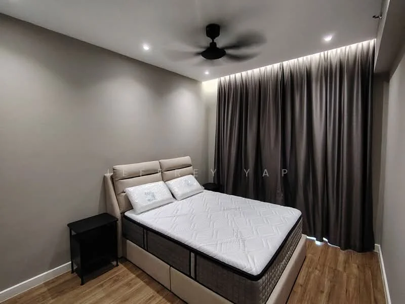 Bedroom features: queen-size bed, upholstered headboard, bedside table, ceiling fan, recessed downlights, grey curtains, wooden flooring, neutral painted walls; style: modern.