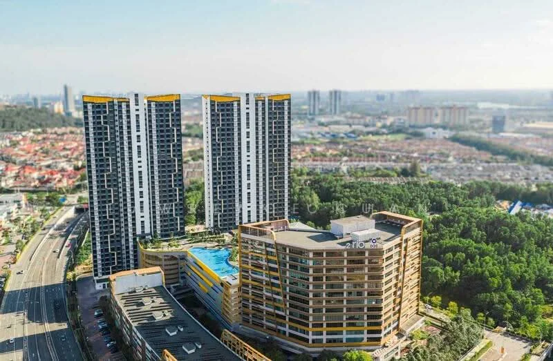 Exterior type: high-rise condominium; features: glass curtain wall, yellow accent panels, infinity pool on rooftop, surrounded by greenery, multiple balconies, landscaped garden area, urban skyline in background, parking deck, modern architectural design; style: modern.