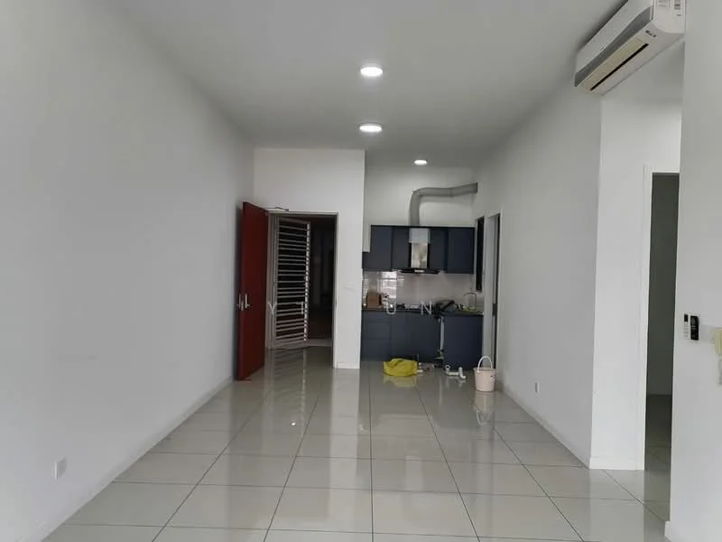 Living features: white painted walls, glossy ceramic tile flooring, recessed downlights, wall-mounted split AC, open kitchen layout, kitchen with blue cabinetry, stainless-steel sink, kitchen countertop, door leading to hallway, yellow mop bucket; style: modern.