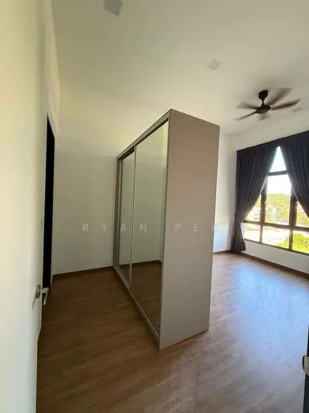 Room features: wooden flooring, white painted walls, sliding mirror wardrobe, ceiling fan, large window with view, curtains, high ceiling, natural light; style: modern; view: garden.