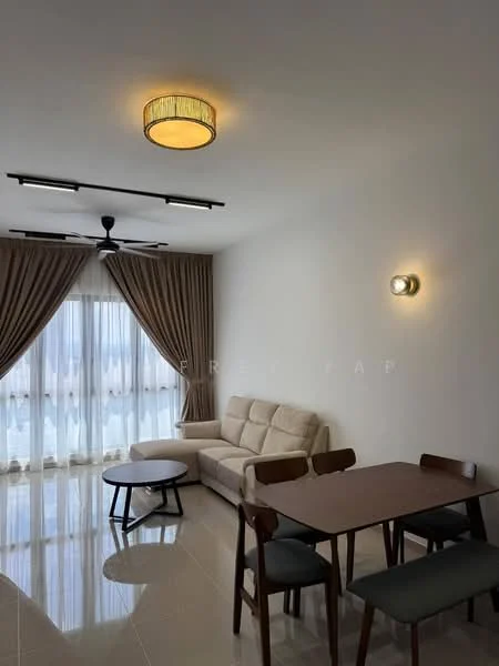 Living features: cream painted walls, glossy tile flooring, 5-blade ceiling fan with light, chandelier, floor-to-ceiling windows, sheer curtains, beige fabric sofa, round coffee table, 4-seater dining table, wooden dining chairs, wall-mounted light fixture; style: modern; view: city.