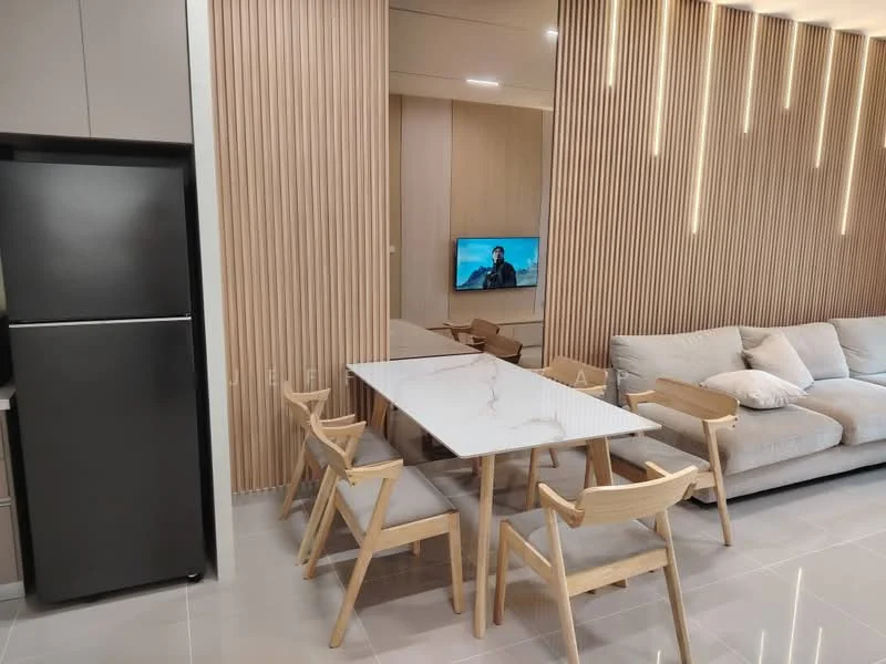 Living features: grey fabric sofa, marble dining table, 4 wooden dining chairs, black refrigerator, wall-mounted TV, wood panel accent wall, recessed lighting, light-colored tiled flooring; style: modern.