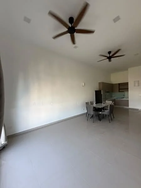 Living features: 2 ceiling fans, white painted walls, light grey tile flooring, dining table with 4 chairs, kitchen area visible in background, large windows with natural light, open layout, no visible decor; style: modern.